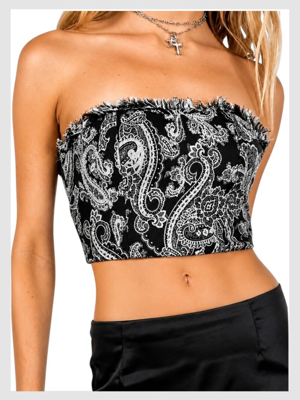 Princess Polly Foley Crop Top Black White Strapless Paisley 0 XS